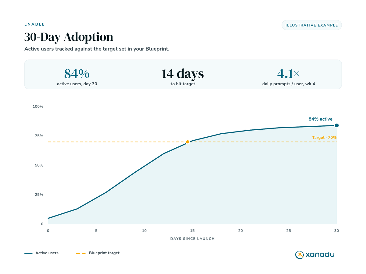 An adoption curve from a 30-day post-launch readout tracked against target