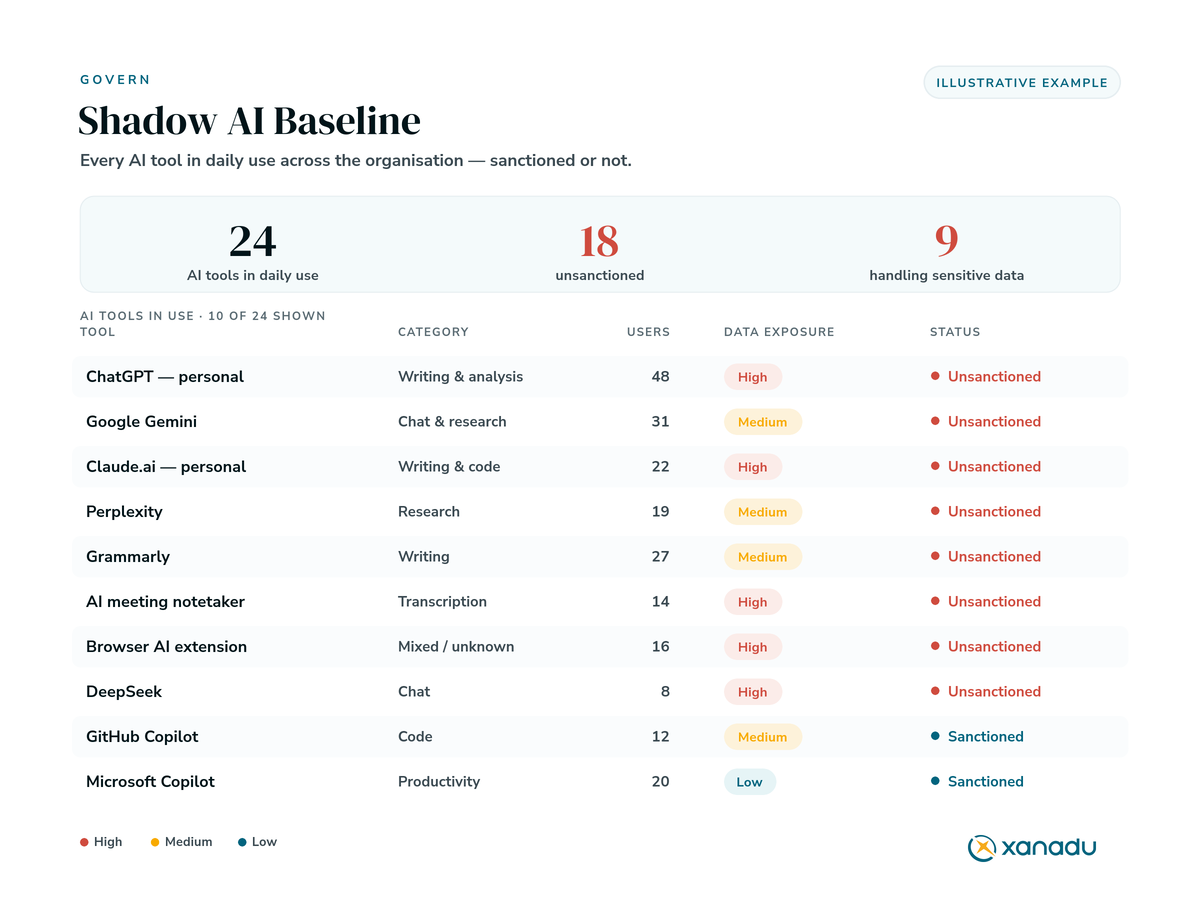A shadow AI usage baseline showing unsanctioned AI tools in use across an organisation